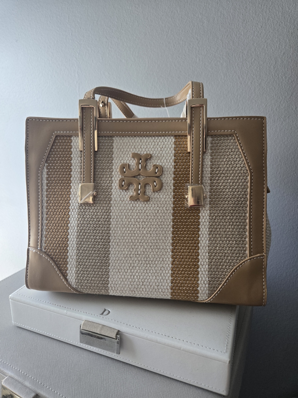 Tory Burch Tan & Cream Striped Tote Bag